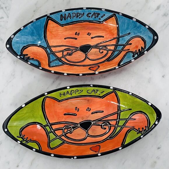 LOT (2) Outi Happy Cat Oval Bowls 9.5"x4.5" Blue Green Red Dish Hand Painted EUC - Picture 1 of 8